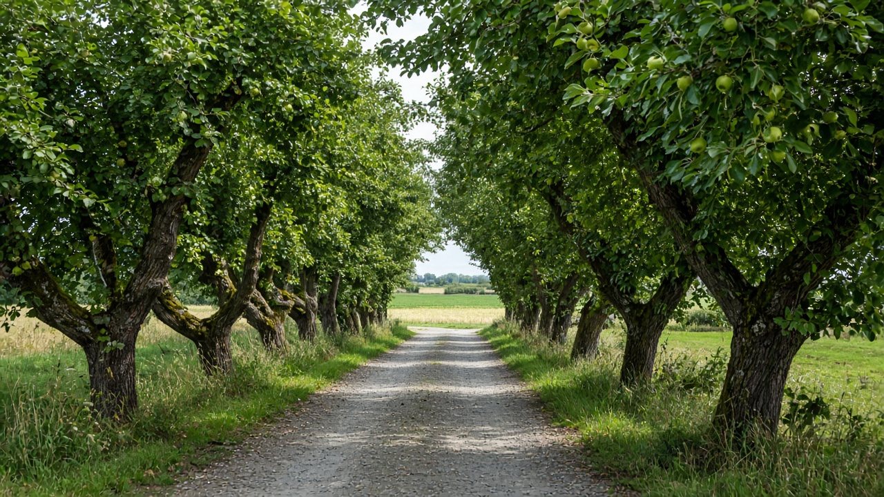 Alte Obstallee mit Apfelbäumen entlang eines Feldwegs in der Uckermark