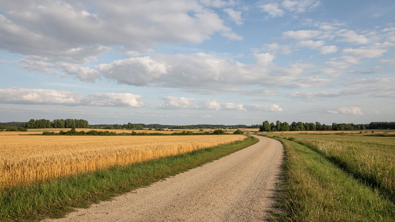 Fahrradweg entlang offener Felder unter weitem Himmel in der Uckermark