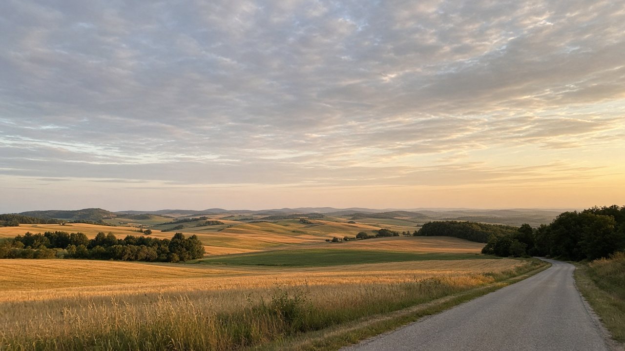 Weite Landschaft mit Feld und fernem Wald unter großem Himmel in der Uckermark