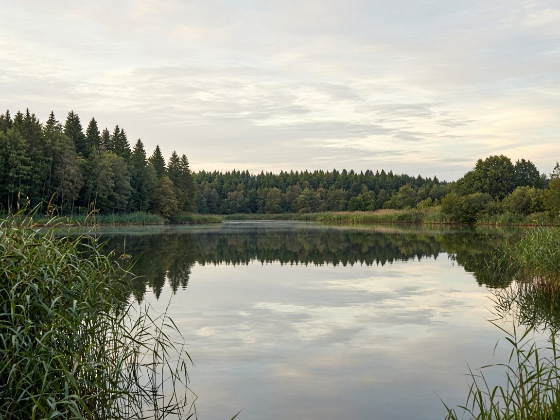 Ruhiger See mit Waldrand und niedrigem Himmel in der Uckermark