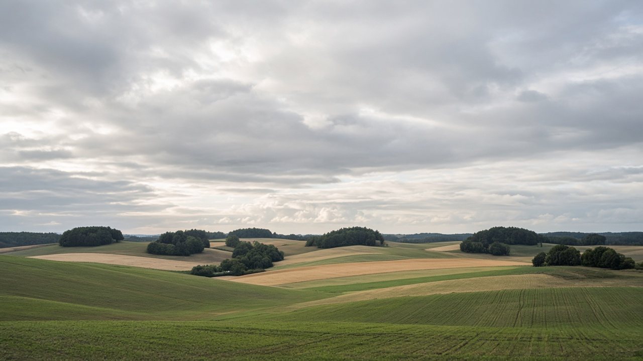 Sanfte Hügel und offene Felder unter großem Himmel in der Uckermark