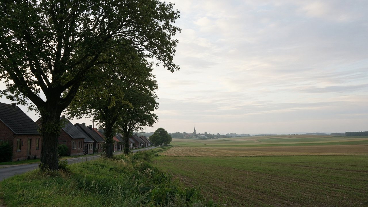 Dorfstraße mit alten Bäumen und Blick in die offene Uckermark-Landschaft